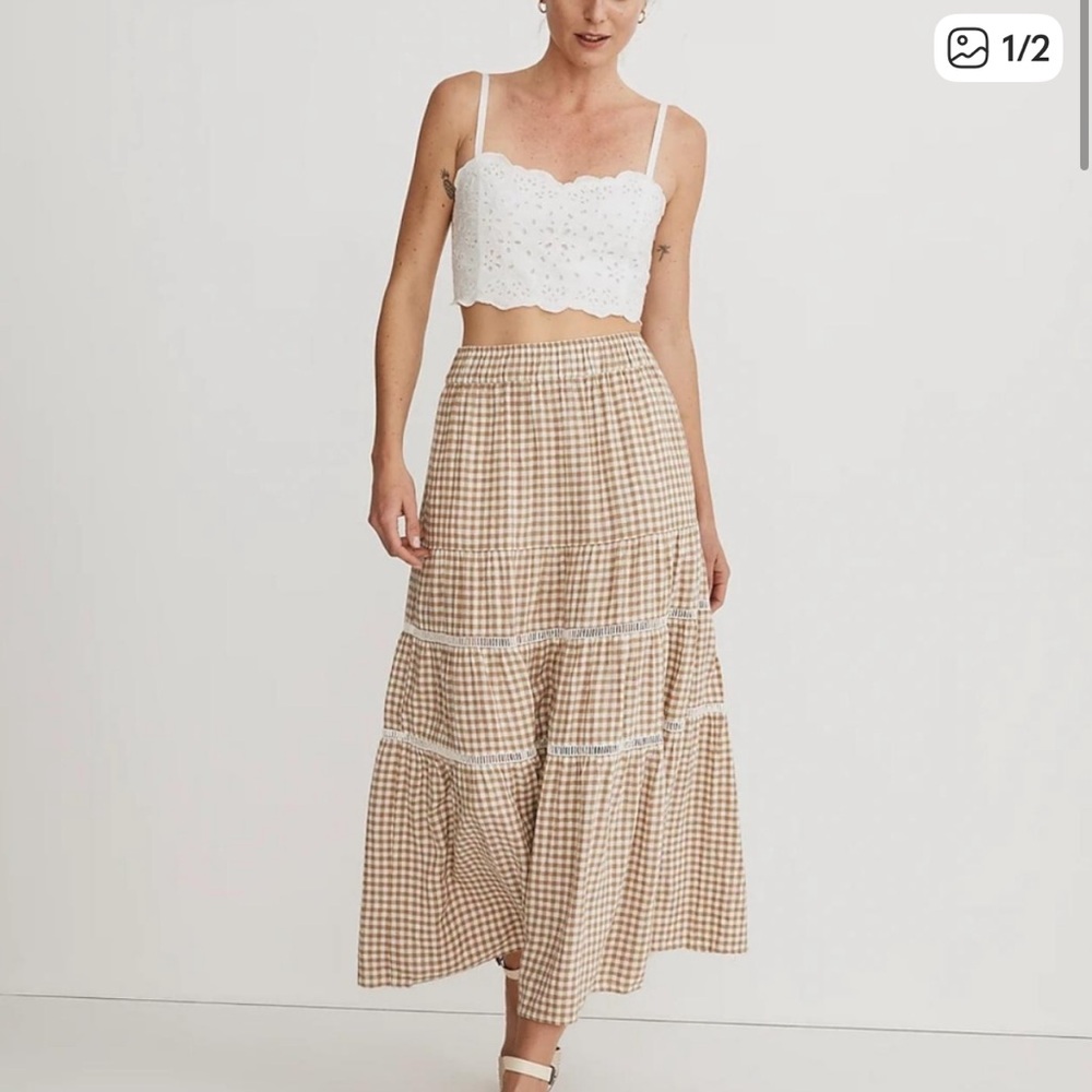 MADEWELL EYELET TRIM GINGHAM TIERED MAXI SKIRT SEED KHAKI